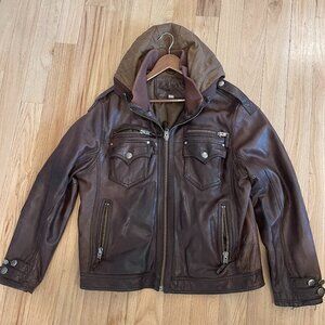 Mens XXL Vintage True Religion Hooded Leather Jacket.